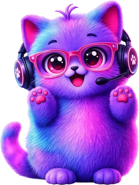 The Dumbly coach mascot, a purple cat wearing a headset and pink glasses