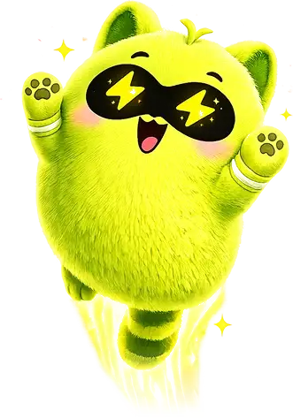 The Dumbly mascot leaping upward with lightning-bolt glasses