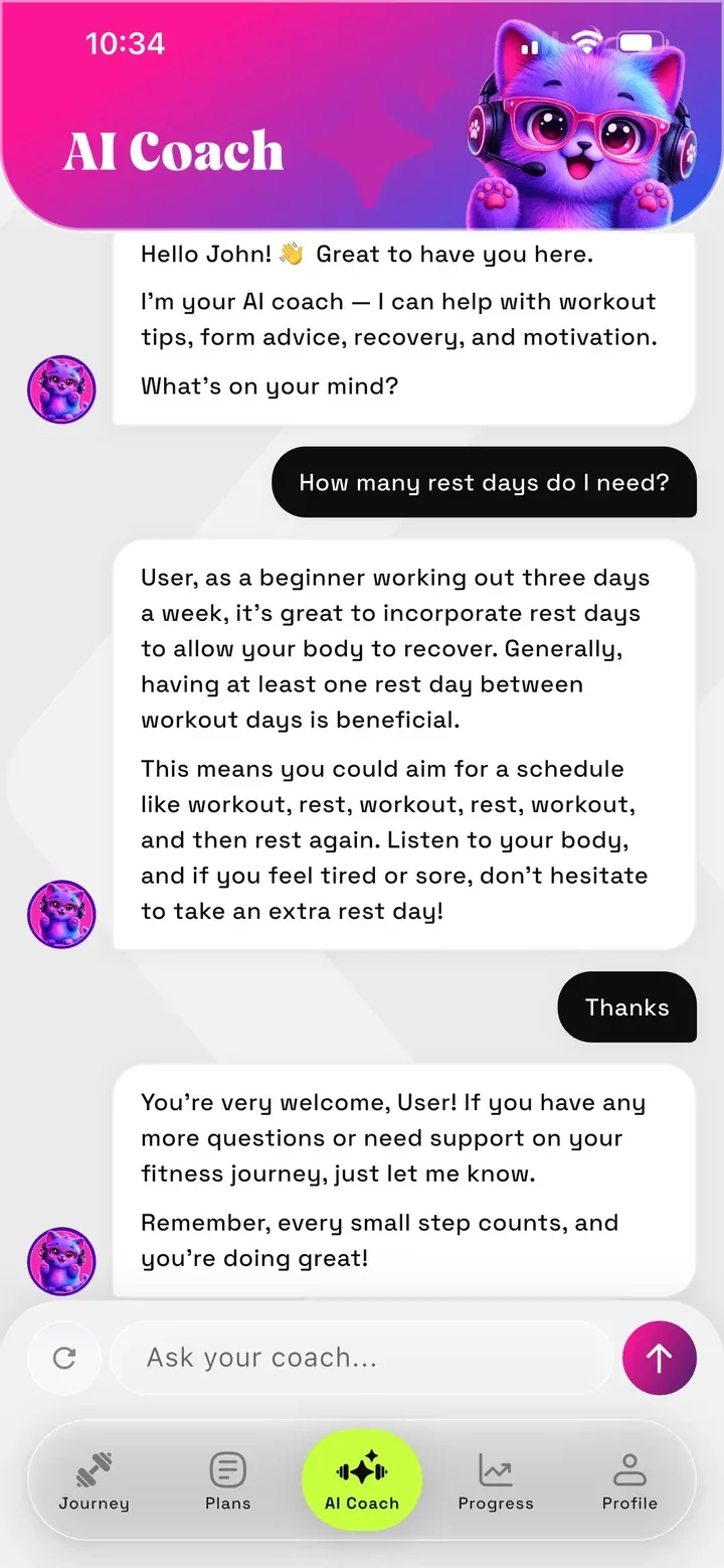 AI Coach chat answering a question about how many rest days a beginner needs