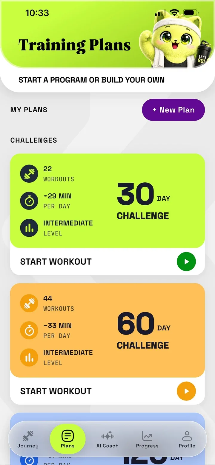 Training Plans screen listing a 30-day challenge and a 60-day challenge, with a 120-day challenge below